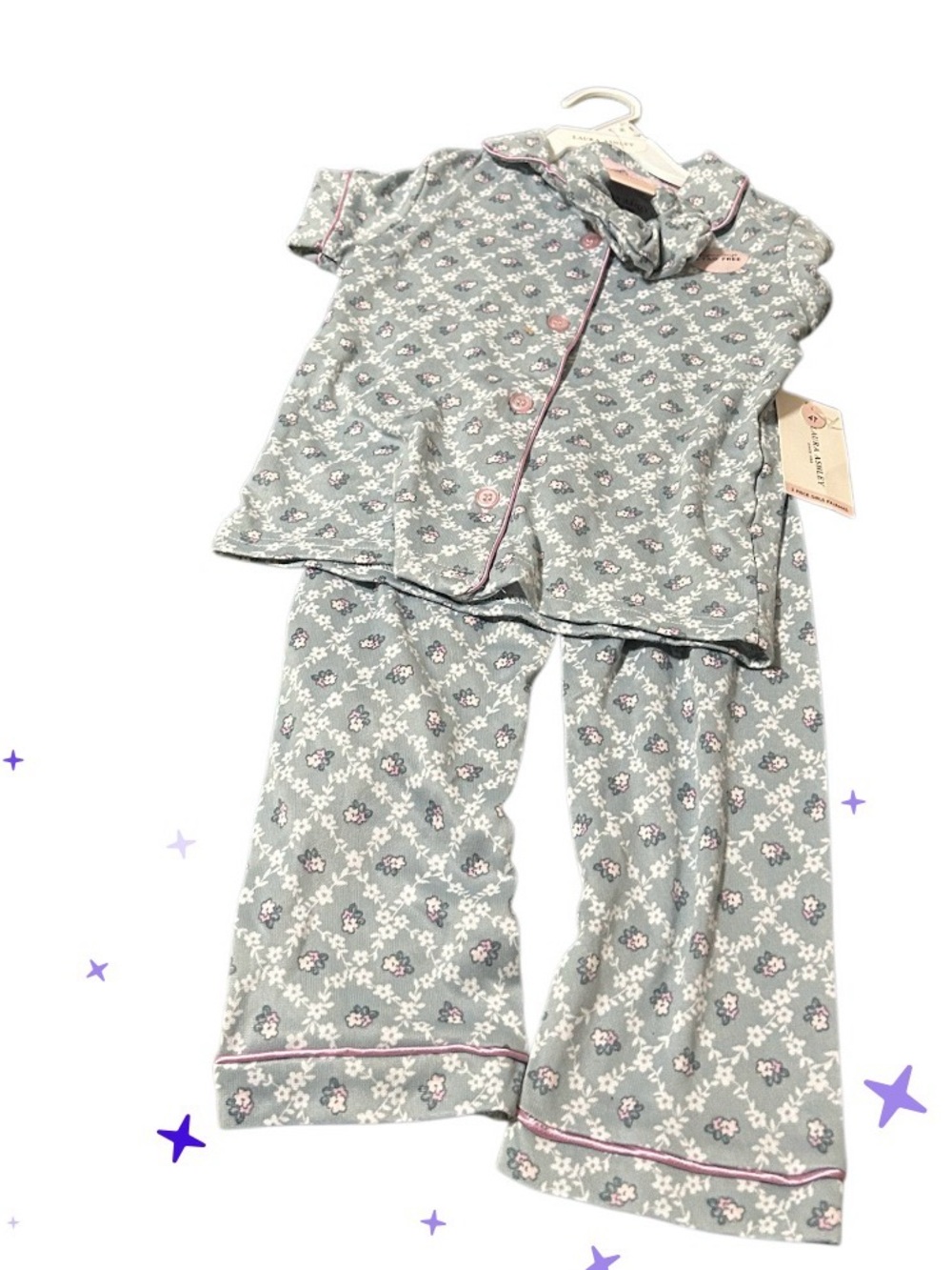 Girls' Gray Floral Pajama Set with Pink Trim